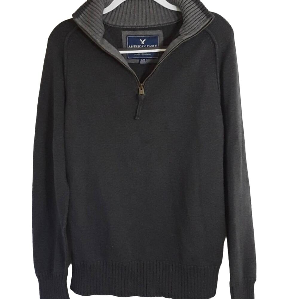 Mens Sz L Gray 1/4 Zip Ribbed Collar Y2K Grunge Preppy Sweater American Eagle